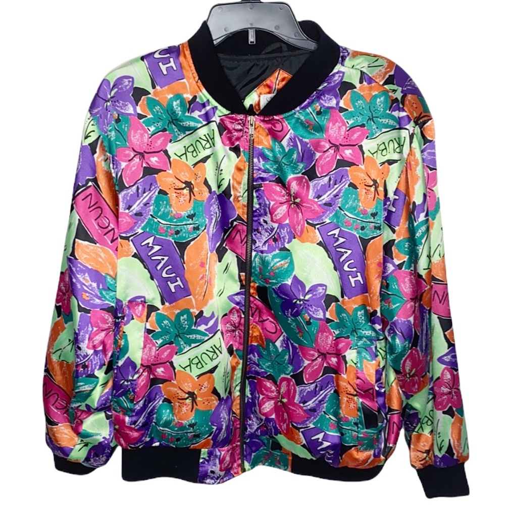 Vintage Stefano Worldwide colorful satin resort bomber jacket size M